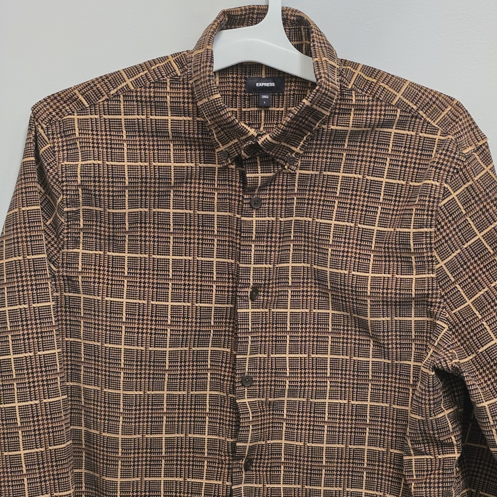 Express Men's Tan and Brown Checkered Shirt